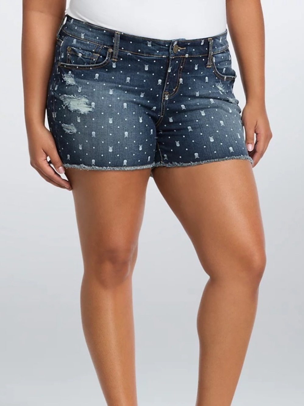 Torrid Jean Shorts Sz 20 All Over Skull Print Denim Distressed Cut Off Shorts